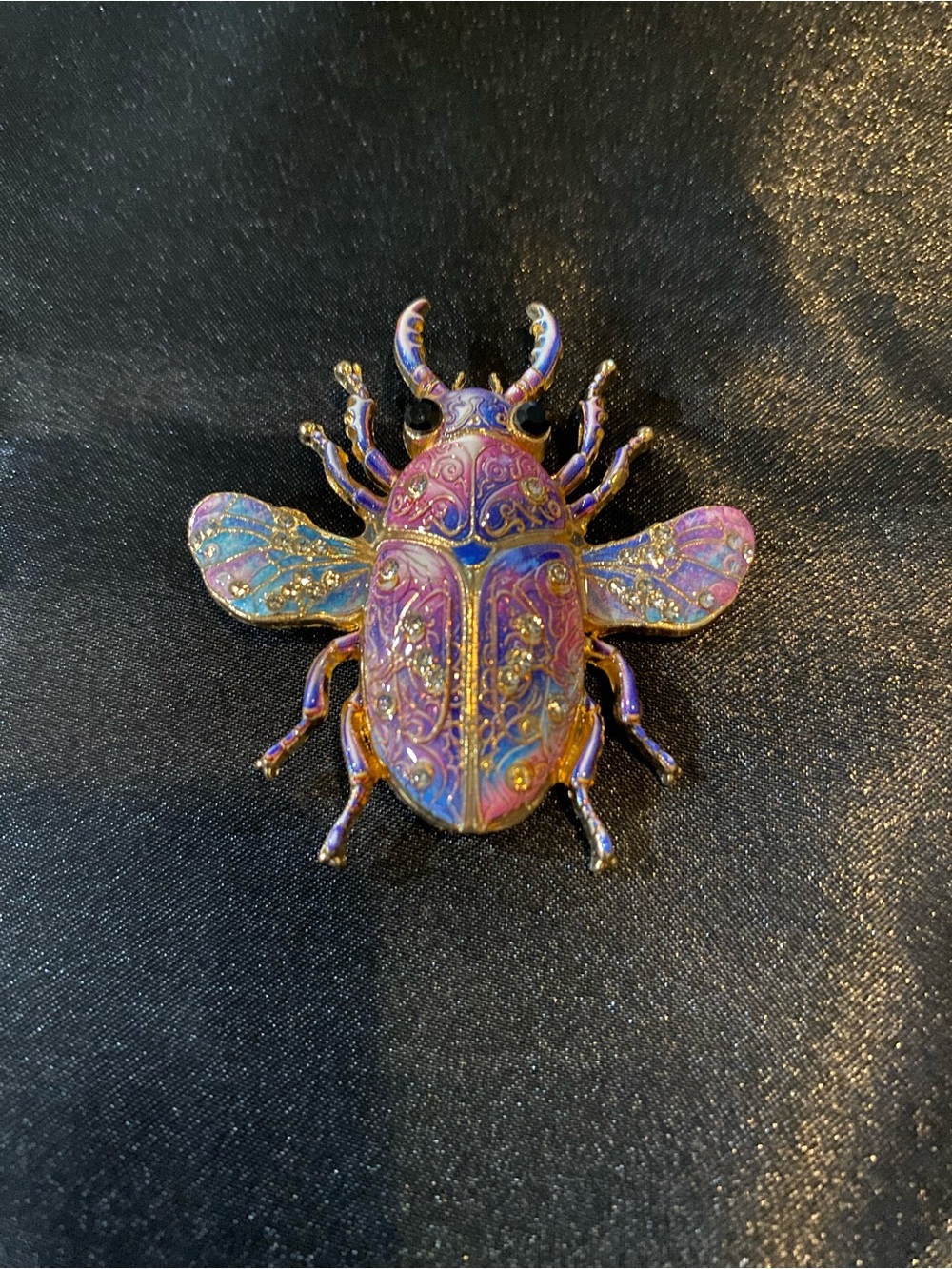 Iridescent Purple and Blue Enamel Beetle Brooch with Gold Accents